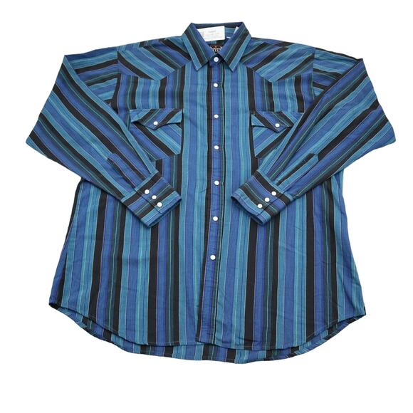 Pryde Shirt Mens L Blue Pinstriped Western Pearl Snap Long Sleeve - Picture 1 of 16